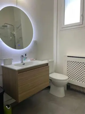 a bathroom with a sink and a toilet and a mirror at Appartement Niçois in Nice