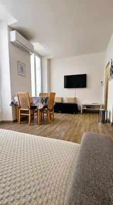 a living room with a table and chairs and a flat screen tv at Studio Nice Centre - Climatisation in Nice