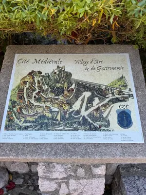 a sign on a bench with a map on it at Évasion Authentique à Èze, avec vue Mer in Èze