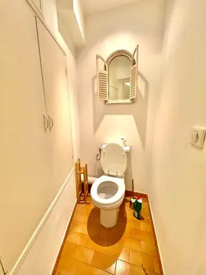 a small bathroom with a toilet and a mirror at Évasion Authentique à Èze, avec vue Mer in Èze