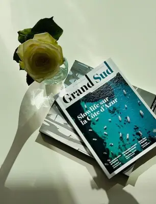 a yellow rose in a vase next to a book at Évasion Mer & Vue Imprenable in Saint-Laurent-du-Var