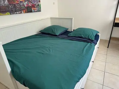 a green bed with two green pillows on it at Studio lumineux in Nice
