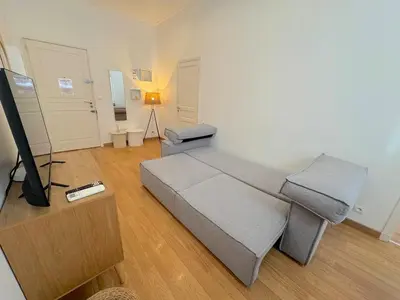 a living room with a bed and a flat screen tv at ⁂ Appartement cosy avec balcon 300m de la plage in Nice