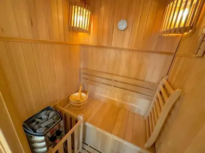 an overhead view of a sauna with a table and chairs at ⁂ Luxueux 3 pièces 300m de la plage clim sauna in Nice