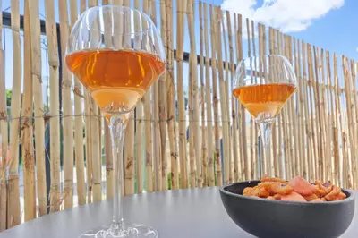 two glasses of wine and a bowl of food on a table at Le Cosy - Spacious - AC - WIFI - Hippodrome - Racetracks - Hypercentre in Cagnes-sur-Mer
