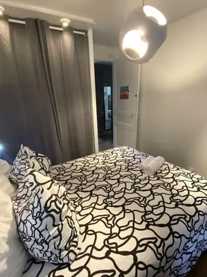a bedroom with a bed with a black and white comforter at Appartement 2 chambres à 15 mn de la mer in Nice