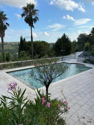 a swimming pool with a palm tree in the background at Villa Gloria Nouvel Hôte in Saint-Jeannet
