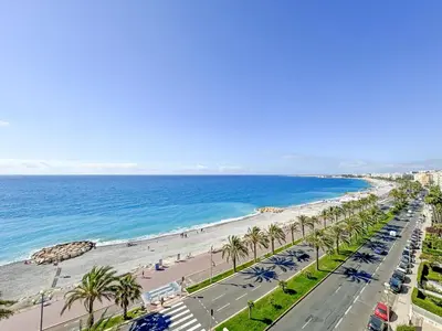 a view of a beach with palm trees and the ocean at Breathtaking Rooftop Experience on Promenade in Nice