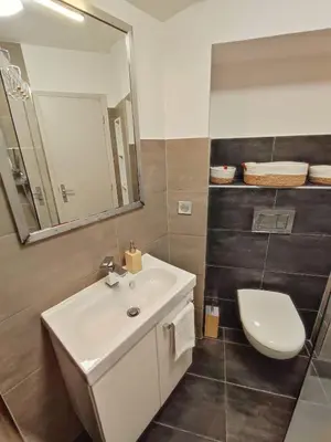 a bathroom with a sink and a toilet and a mirror at Chambre à 3 min de la Promenade des Anglais à pieds 200m in Nice