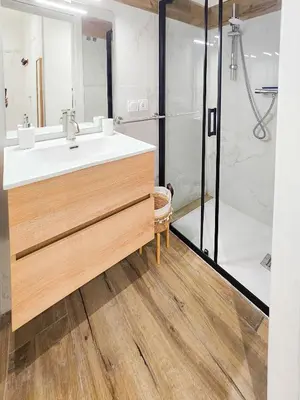 a bathroom with a sink and a shower at Lamartine 3 Pers Central WiFi AC in Nice
