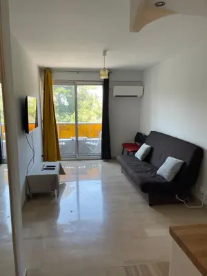 a living room with a black couch and a window at Studio Lumineux à 2min de là plage in Nice