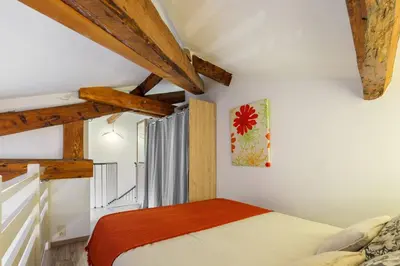 a bedroom with a bed and wooden ceilings at Jolie duplex avec patio in Nice
