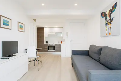a living room with a gray couch and a kitchen at Massena 4 Pers Super Centrale WiFi AC in Nice