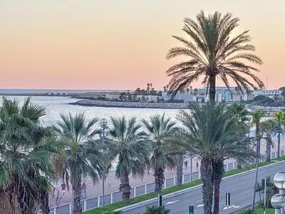 a view of a street with palm trees and the ocean at Seaview Promenade des Anglais 2brs apartment Parking cars 1800 kg max in Nice