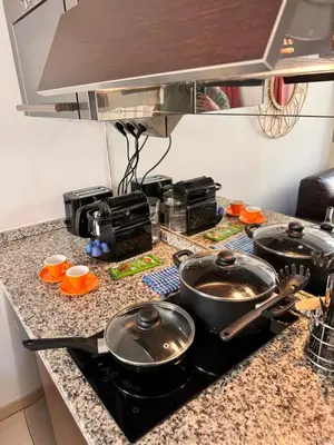 a kitchen counter with three pots and pans on a stove at Tranquil Studio with Mezzanine in Carre dOr in Nice