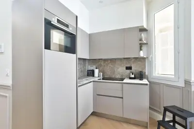 a white kitchen with white cabinets and a sink at #6 1BDR Buffa 2 min from the beach and Negresco,central AC Balcony in Nice