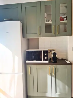 a kitchen with green cabinets and a microwave on a counter at Charmant appartement - Climatisation - Nice in Nice