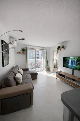 a living room with a couch and a flat screen tv at Le soleil Niçois, proche du port in Nice