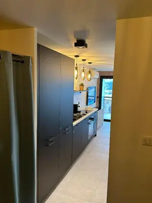 a kitchen with dark wood cabinets and a kitchen appliances at L'évidence in Nice