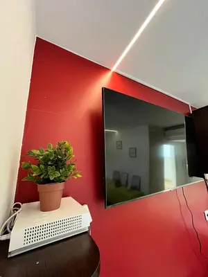 a mirror on a red wall with a plant on a table at Terrasse, piscine, clim, proche aéroport et plage in Saint-Laurent-du-Var