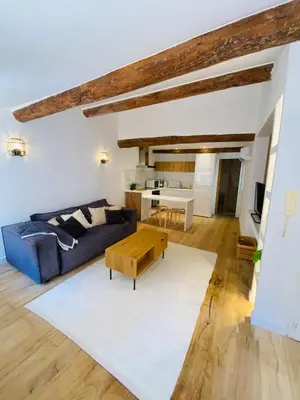 a living room with a blue couch and a table at APPARTEMENT en DUPLEX VIEUX NICE in Nice
