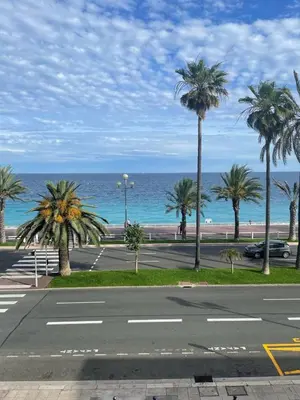 an empty street with palm trees on the beach at Nice Promenade des Anglais Your Seafront Flat in Nice