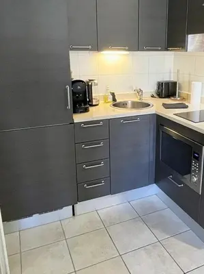 a kitchen with a sink and a counter top at Place Grimaldi, close to beach and restaurants, with balcony in Nice