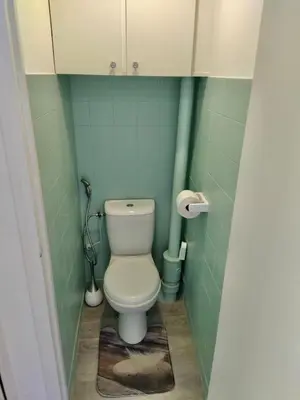 a small bathroom with a toilet with green tiles at Nice Excepetional view in Nice