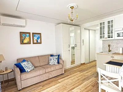 a living room with a couch and a kitchen at Stunning Studio Rue France Promenade des Anglais in Nice