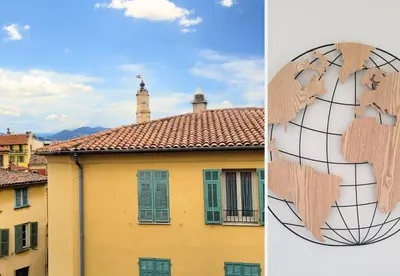 two pictures of a building and a building with a globe at Nestor&Jeeves - VIEUX NICE DUPLEX - Studio - Central in Nice