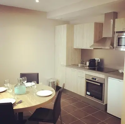 a kitchen with a table and chairs and a kitchen with a table and a kitchen at Villa Serafina Apartements in Nice