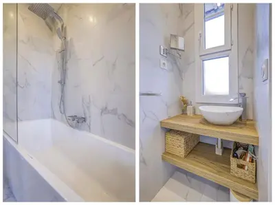 two pictures of a bathroom with a tub and a sink at Maison Bianchi - Avenue Durante - Downtown Top floor in Nice