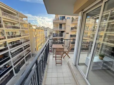 a balcony with chairs and tables on a building at ⁂ Calme et ensoleillé balcon quartier Port Nice in Nice