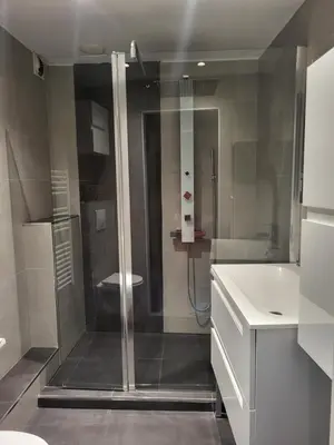 a bathroom with a shower and a sink and a toilet at Maison entre mer et montagnes in La Gaude