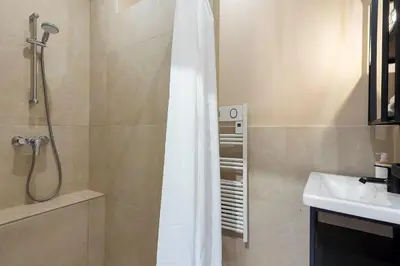 a bathroom with a shower curtain and a sink at Loft Spacieux pour 10 personnes avec Terrasse in Nice