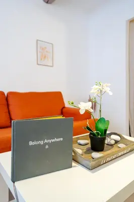 a living room with a couch and a table with a laptop at Vieux-Nice 2P climatisé Balcon in Nice