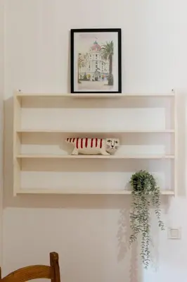 a shelf on a wall with a picture and a plant at Seabreeze Apt Nice Port in Nice