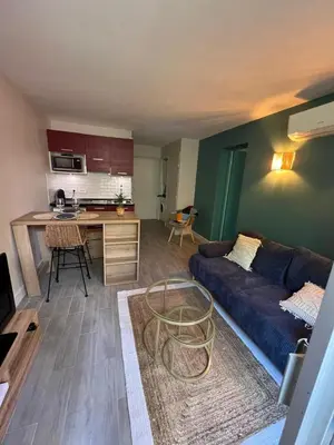 a living room with a couch and a kitchen at Les Magnolias 06 in Nice
