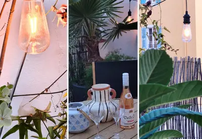 a collage of four pictures with wine bottles and glasses at Nestor&Jeeves - TERRASSE DU SUD - Central - Terrace in Nice