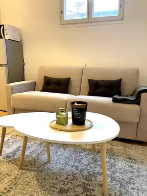 a living room with a couch and a coffee table at Joli 2 pièces avec terrasse, proche mer in Nice