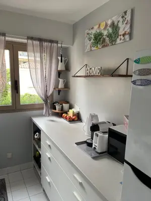 a kitchen with a counter top with a microwave at La Petite Ancre in Beaulieu-sur-Mer