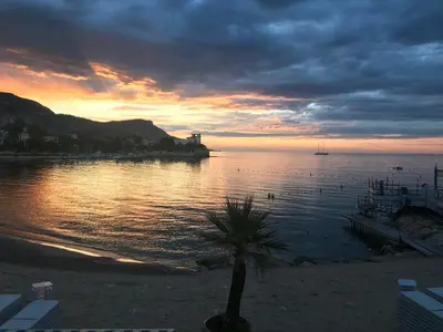 a palm tree on the beach with a sunset at La Petite Ancre in Beaulieu-sur-Mer