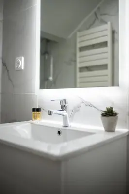 a bathroom with a white sink and a mirror at Maison de ville familiale, 5 chambres, terrasse, à 20 minutes du centre ville in Nice