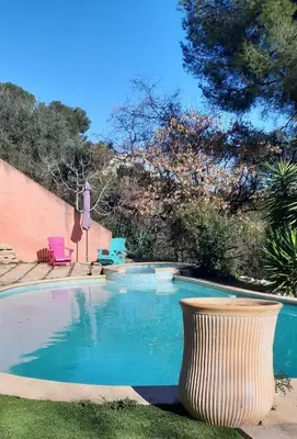 a swimming pool with a vase in the yard at Magnifique Studio Cagnes Sur Mer in Cagnes-sur-Mer
