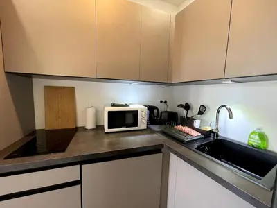a kitchen counter with a microwave and a sink at Joli Studio Place Garibaldi, Vieux-Nice, Port in Nice