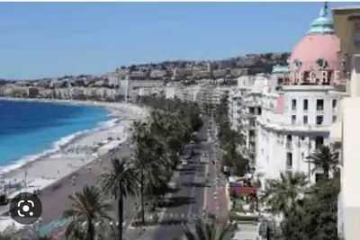 a view of a beach with palm trees and buildings at Lovely cozy studio in Nice