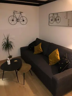 a living room with a couch and a table with a bike on the wall at Lovely cozy studio in Nice