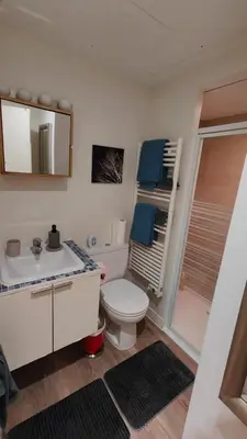 a bathroom with a toilet and a sink and a mirror at Beach Proximity in Historic Nice, Your Perfect 2 Room Rental in Nice