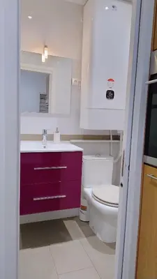 a bathroom with a purple sink and a toilet at cozy apartment port of Nice in Nice