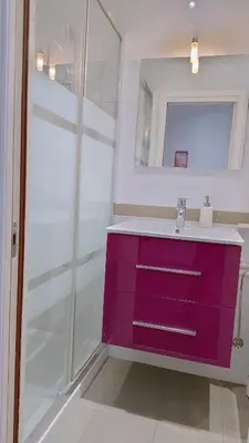 a bathroom with a purple sink and a shower at cozy apartment port of Nice in Nice